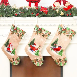 Large Christmas Stockings Printed Fabric Gift Bags Hanging Holiday Ornaments Santa Snowman Reindeer Patterns