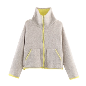 Oatmeal knit jacket with neon yellow contrast trim, high collar and full zip for women
