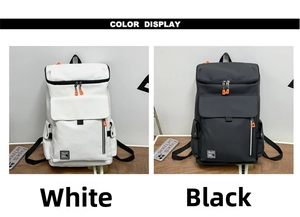 Front view of large travel backpacks in white and black with orange zipper details