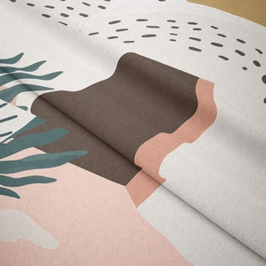 Close-up of bohemian tapestry showing soft short plush fabric texture and modern abstract print