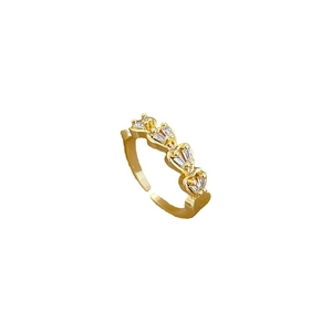 Adjustable golden heart ring with double rows of rectangular zircon stones