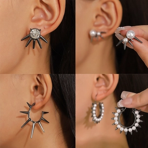 Parure de boucles d'oreilles punk gothiques noires avec pointes, perles et strass