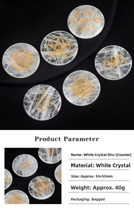 Macro detail of White Crystal Round Plate with golden Tree of Life and star moon engraving