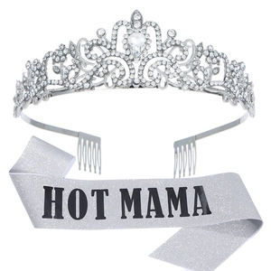 Sparkling crystal crown and Hot Mama glitter sash set for Mother's Day party outfits