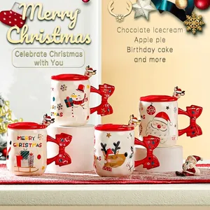 Christmas ceramic mug set with red bow handle and festive reindeer and snowman patterns