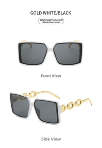Detail of white square sunglasses featuring gold metal chain temples and dark grey lenses