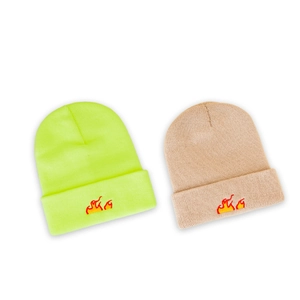 Fashionable double-layer knitted hats with flame embroidery in neon green and khaki