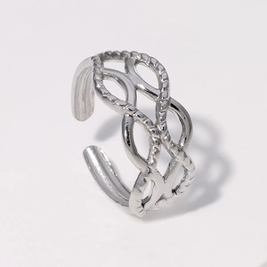 Adjustable silver stainless steel open ring with woven infinity pattern on white background