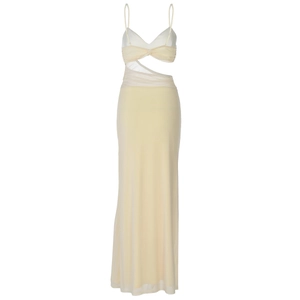 Detail of beige V-neck dress featuring mesh paneling and cut-out waist design