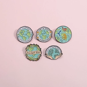 5-piece eco-friendly enamel pins set featuring earth day slogans on metal badges