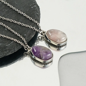 Irregular geometric titanium steel necklace with pink and purple natural stone pendants