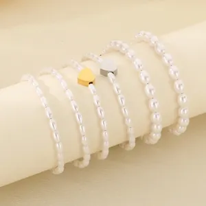 Bracelet En Künstliche Perles D'acier Inoxydable Avec Künstliche Perle De Verre Ovale Et Pendentif En Cœur Bijoux Élégants Pour Femmes