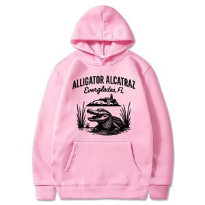 Pink pullover hoodie with black Alligator Alcatraz graphic print and kangaroo pocket