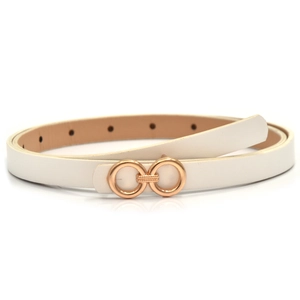 Detail of white leather belt featuring a polished rose gold double ring buckle closure