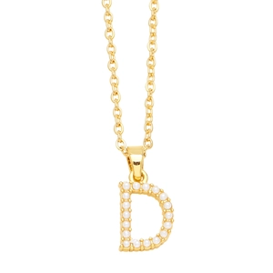 Elegant gold necklace with a letter D pendant inlaid with white imitation pearls