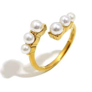 Elegant 18K gold plated stainless steel open ring with six white pearls for women