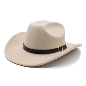 Classic beige wool felt fedora hat with black belt buckle trim on white background