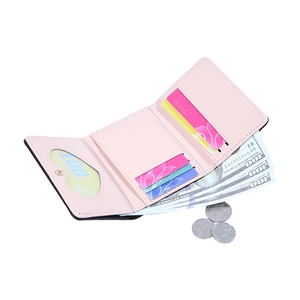Pink PU leather tri-fold wallet with multiple card slots and clear cash compartment