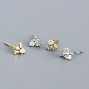925 Sterling Silver Stud Earrings With Zirconia Geometric Fan Shaped Crown Design Elegant Stackable Jewelry For Women