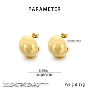 Polished golden stainless steel spherical stud earrings 20mm diameter size details