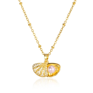 French vintage titanium steel necklace with a shell pearl and heart-shaped pendant design