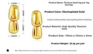 Detailed size specifications for gold titanium steel square tag earrings with 19x55mm dimensions