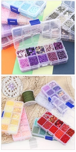 Macro detail of 10-grid storage box with colorful beads and sequins for DIY jewelry making