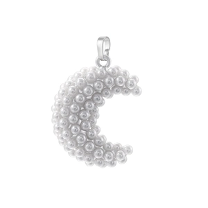 Macro view of a silver crescent moon pendant embellished with small white pearls
