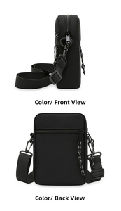Detail of durable black oxford fabric texture and adjustable strap on small crossbody bag