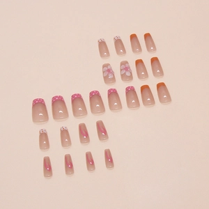 Lot de 24 faux ongles French manucure rose et orange avec fleurs 3D et motifs vagues