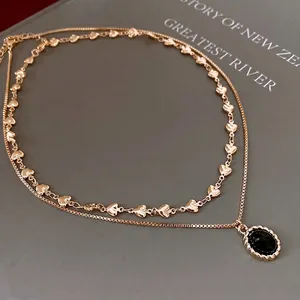 Layered Copper Necklace Gold Plated Heart Chain Oval Black Resin Pendant Vintage Retro Jewelry For Women