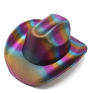 Close-up detail of rainbow metallic fabric texture on the stylish western cowboy hat