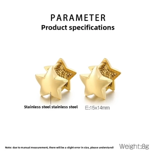 Detailed view of polished gold star-shaped stainless steel earrings with size dimensions