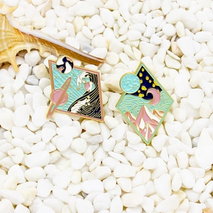 Fashion Alloy Enamel Brooch Pin Minimalist Rhombus Geometric Planet Sea Wave Mountain Moon Jewelry For Men Women