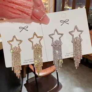 Luxury Copper Star Tassel Earrings For Women With 925 Sterling Silver Earring Post Sparkling Rhinestone Inlaid Long Dangle Earrings