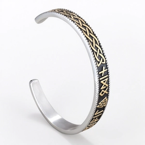 Viking style two-tone stainless steel cuff bracelet with Celtic knot and rune engravings