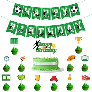 Soccer theme birthday set featuring Happy Birthday banner and football cake toppers