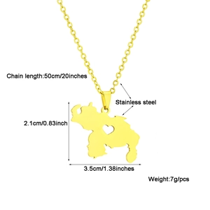 Detailed technical diagram of Venezuela map heart necklace with size and weight specs