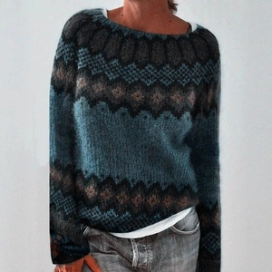 Detail showing the Nordic knit pattern and crew neck of this color-block sweater
