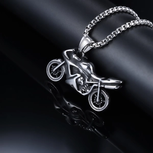 Vintage punk silver motorcycle pendant necklace with ball chain on black background