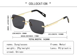 Tabla de tallas detallada para gafas de sol cuadradas sin montura con marco de metal