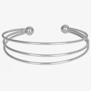 Detail of silver 304 stainless steel triple-layer open bangle with bead ends