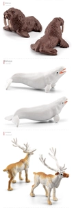Detailed macro view of plastic walrus, beluga, and reindeer polar animal toy models
