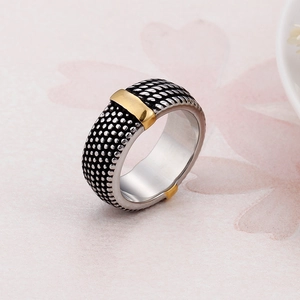 Retro wide stainless steel ring with silver rope texture and gold plate detail