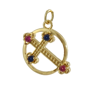 Elegant gold plated cross pendant with red and blue crystals on white background