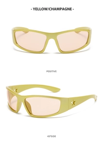 Detailed views of yellow star-cutout sports sunglasses with champagne lenses