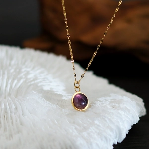 18K gold plated titanium steel necklace with a round purple natural agate stone pendant