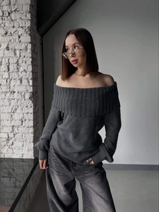 Dark grey off-shoulder knit sweater with wide ribbed neckline and long sleeves