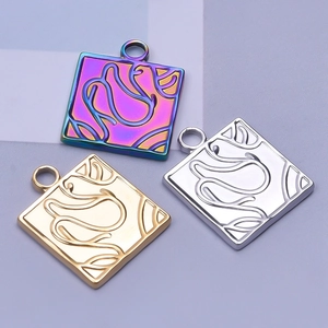 Square stainless steel floral engraved pendants in iridescent, gold and silver finishes