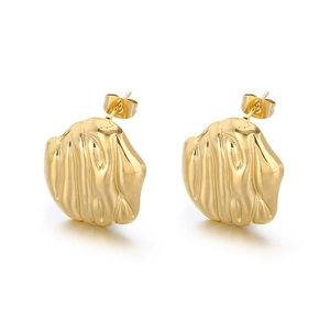 Elegant gold irregular stud earrings with pleated texture and wavy design for women